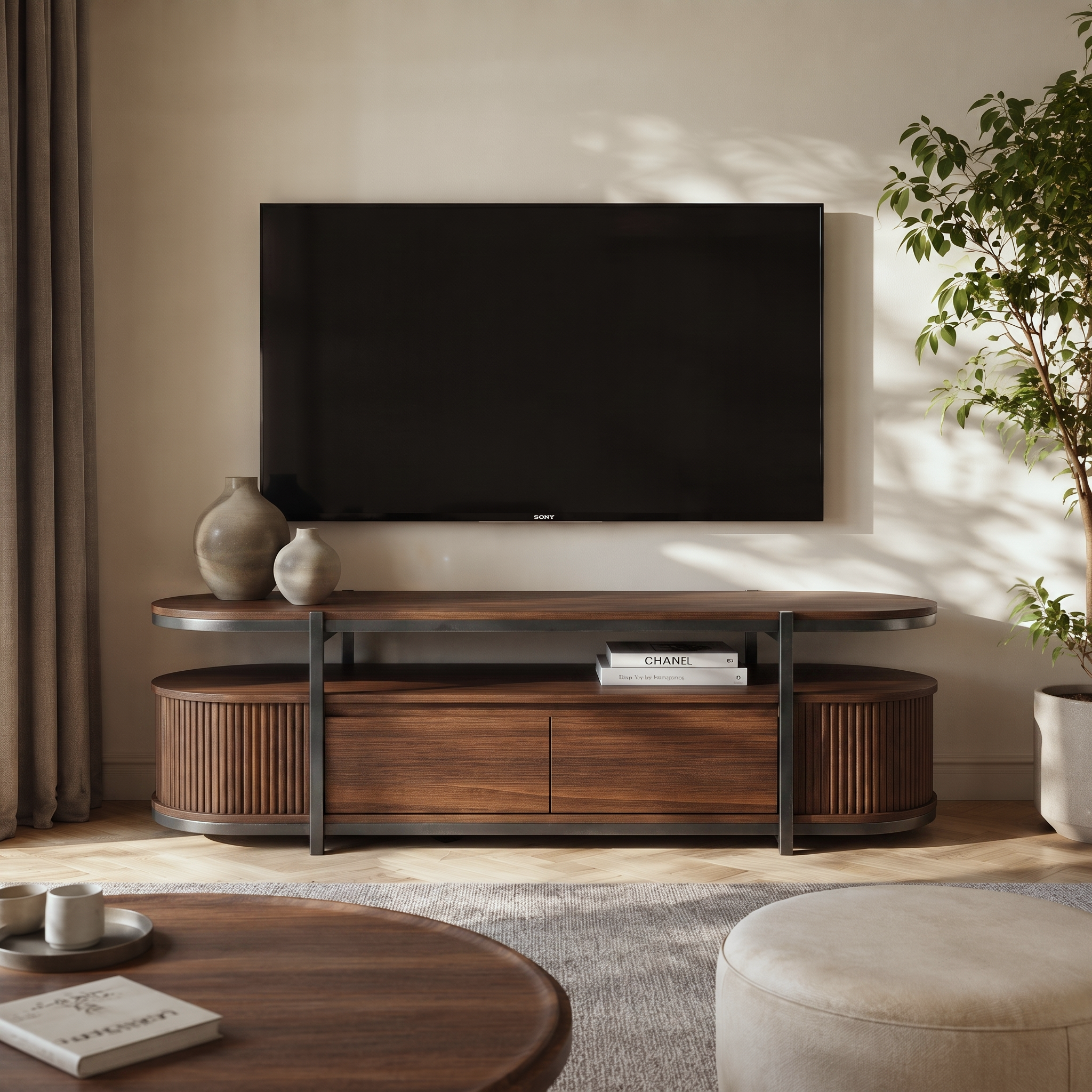 2-Tier Oval Fluted Wood & Metal TV Stand, Open Shelf Media Console with Vertical Ribbed Panels & Hidden Storage Drawers, Mid Century Modern Entertainment Center for Living Room