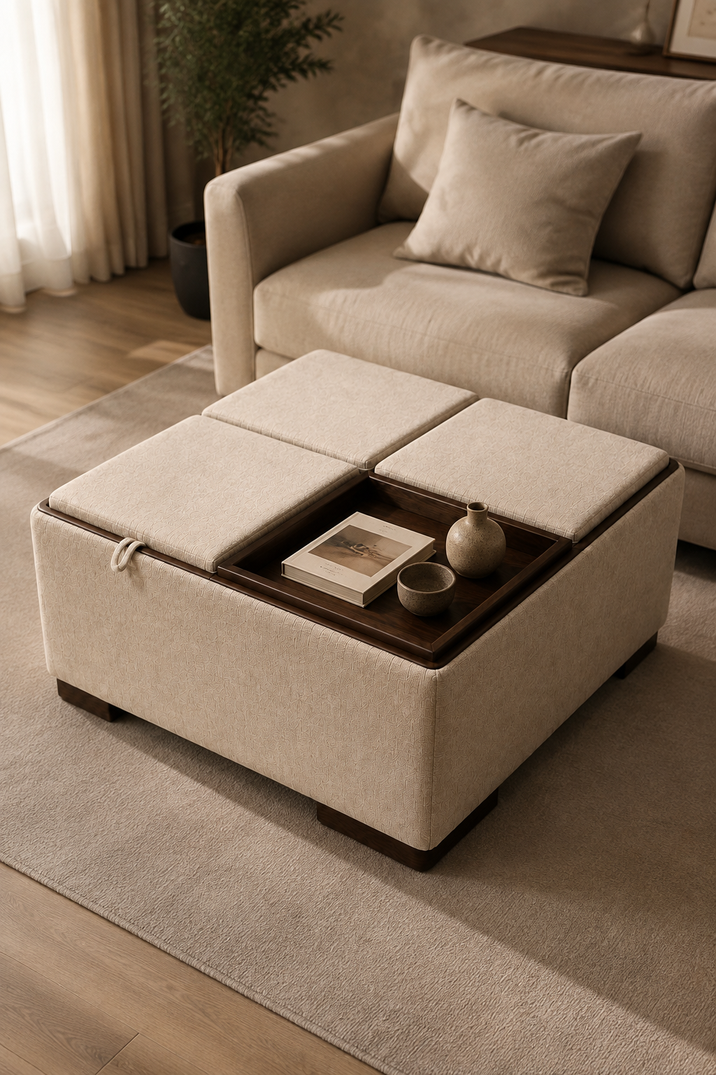 Square Upholstered Storage Coffee Table, Multi‑Functional Ottoman Cocktail Table with Lift‑Top Compartment, Versatile Living Room Central Table for Casual Gatherings & Hidden Storage