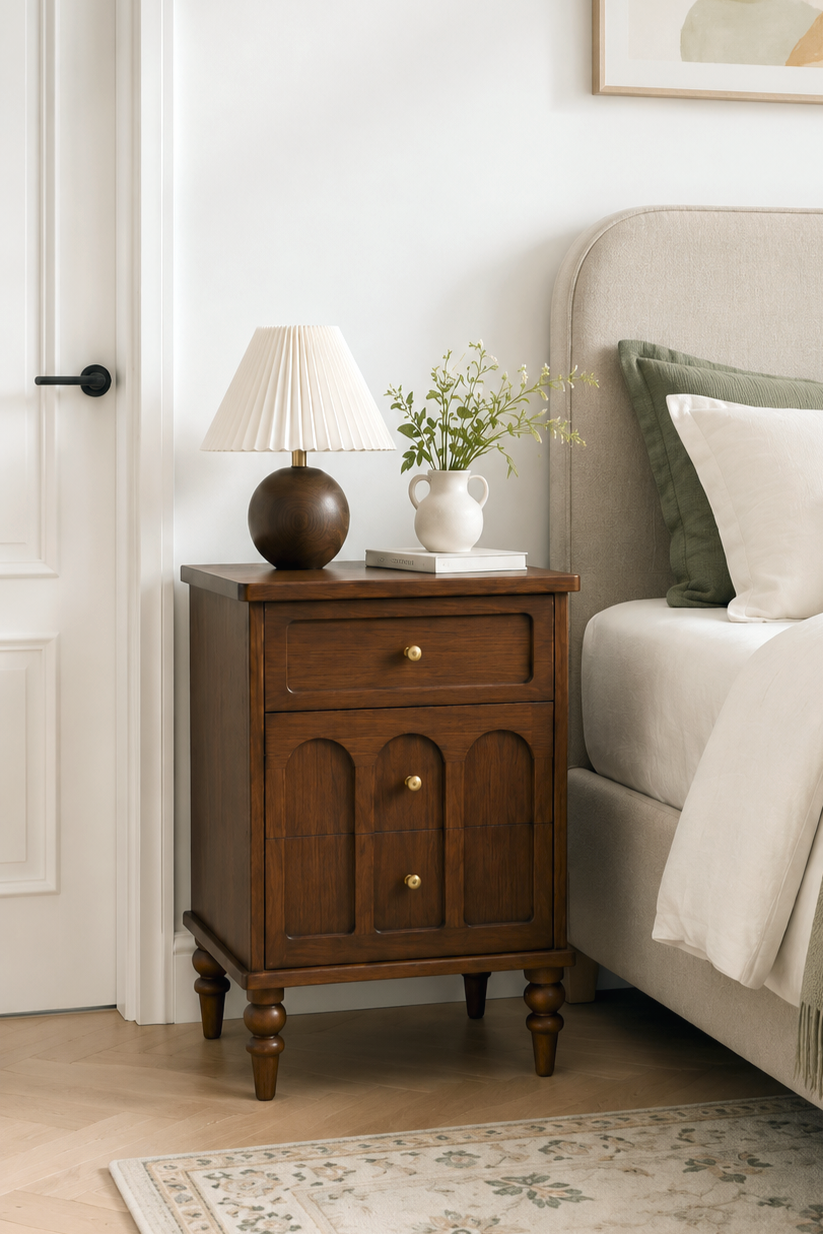 Arched Recessed Panel Wooden Nightstand with Turned Legs, 3-Drawer Vintage Bedside Cabinet, Farmhouse Storage End Table with Round Brass Knobs for Bedroom