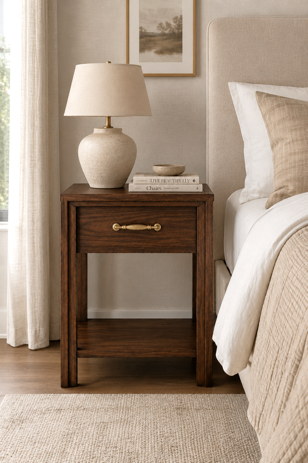 Single Drawer Wooden Nightstand | Open Bottom Shelf Bedside End Table with Horizontal Brass Bar Pull, Minimal Farmhouse Storage Nightstand