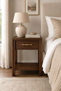 Single Drawer Wooden Nightstand | Open Bottom Shelf Bedside End Table with Horizontal Brass Bar Pull, Minimal Farmhouse Storage Nightstand