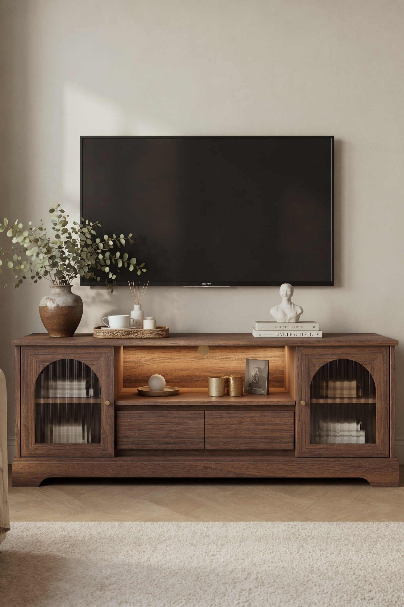 Arched Fluted Glass Door TV Stand with LED Light, 2 Drawer Wooden Media Console, Curved Recessed Frame Entertainment Center for Living Room