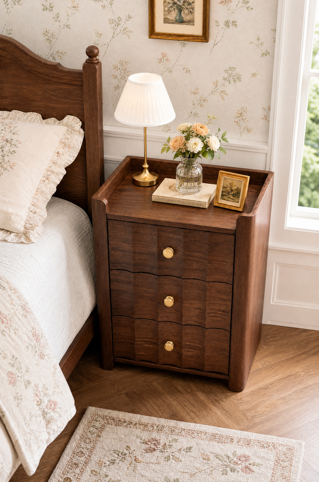 3-Drawer Wooden Nightstand with Raised Rail Top | Modern Farmhouse Bedside Cabinet with Brass Knobs