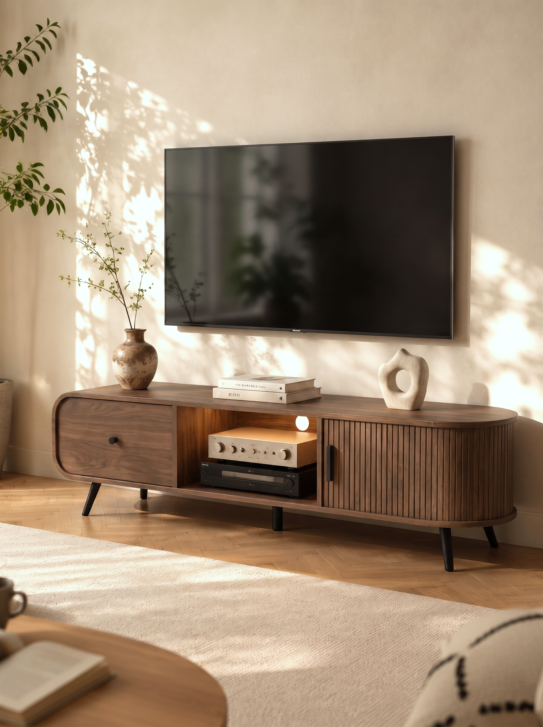 Oval Fluted Wood Media Console with LED Lighting, Mixed Storage TV Stand with Slide Drawer & Fluted Cabinet Door, Wabi-Sabi Curved Edge Entertainment Center for Living Room