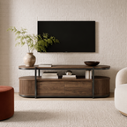 2-Tier Oval Fluted Wood & Metal TV Stand, Open Shelf Media Console with Vertical Ribbed Panels & Hidden Storage Drawers, Mid Century Modern Entertainment Center for Living Room