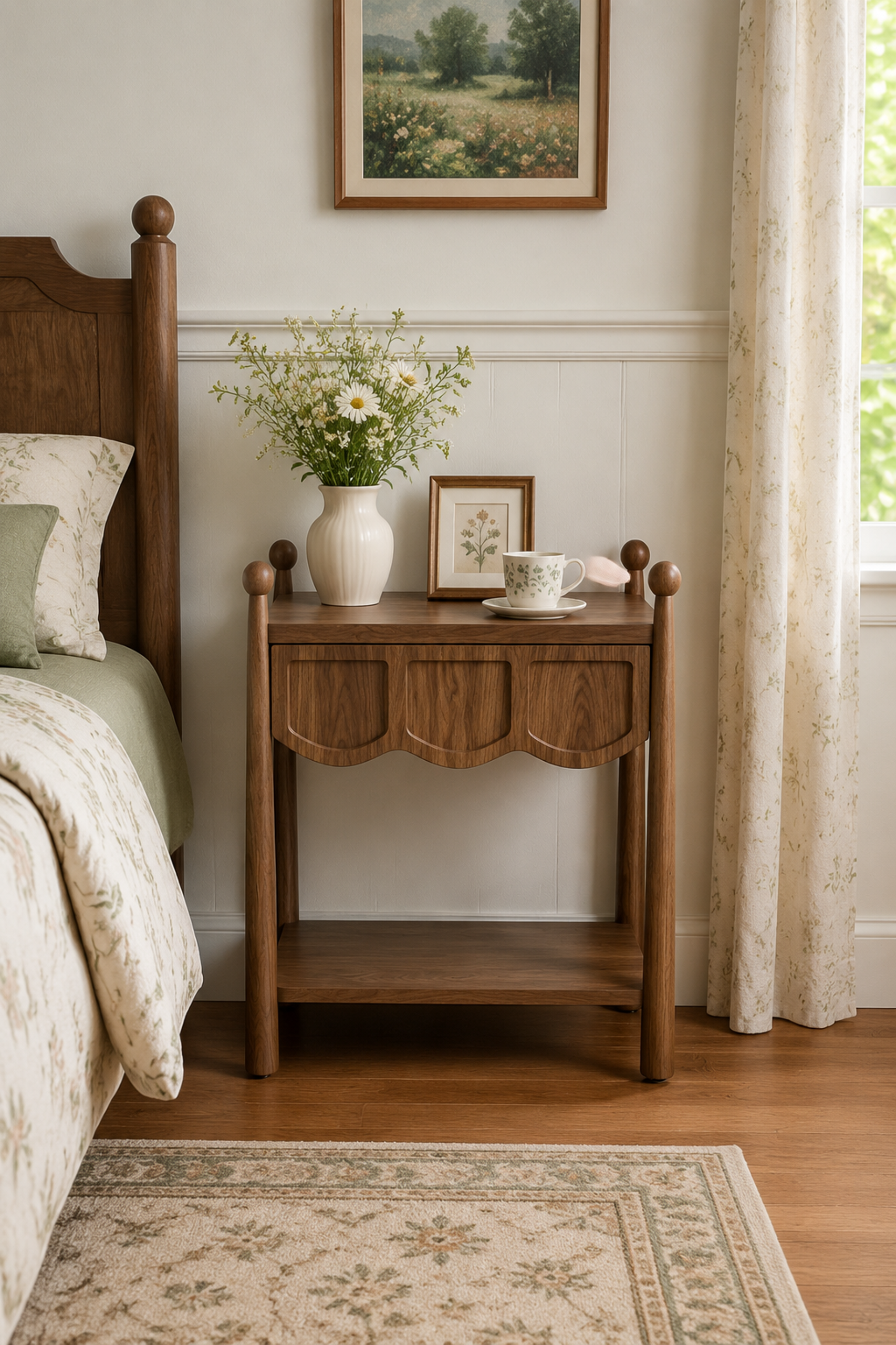 2-Style Vintage Wooden Nightstand Collection | Scalloped Drawer & Recessed Panel Open Storage Bedside Table with Ball Turned Posts