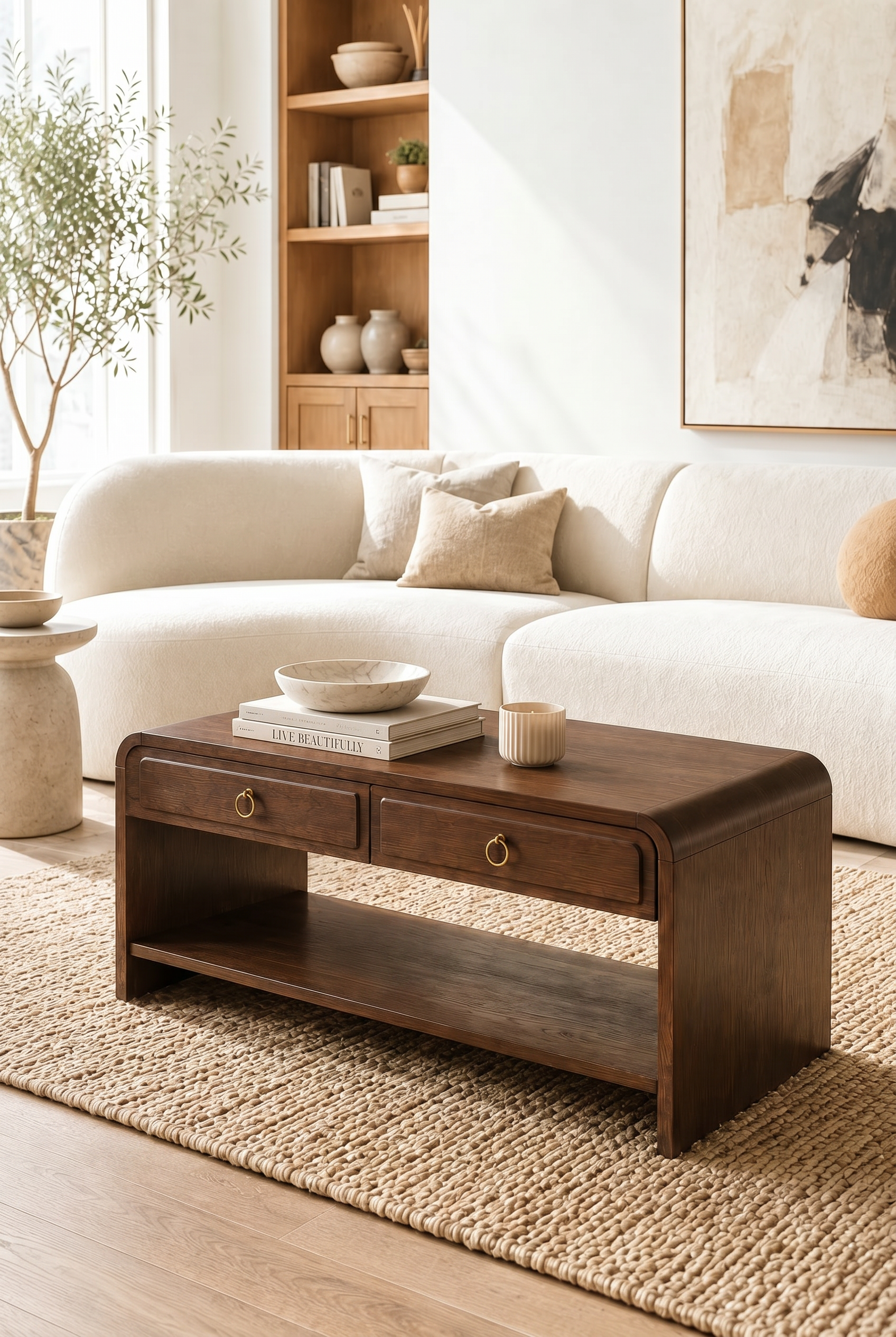 2-Drawer Curved Edge Wooden Coffee Table | Rectangular Storage Center Table with Open Bottom Shelf & Round Brass Ring Pulls