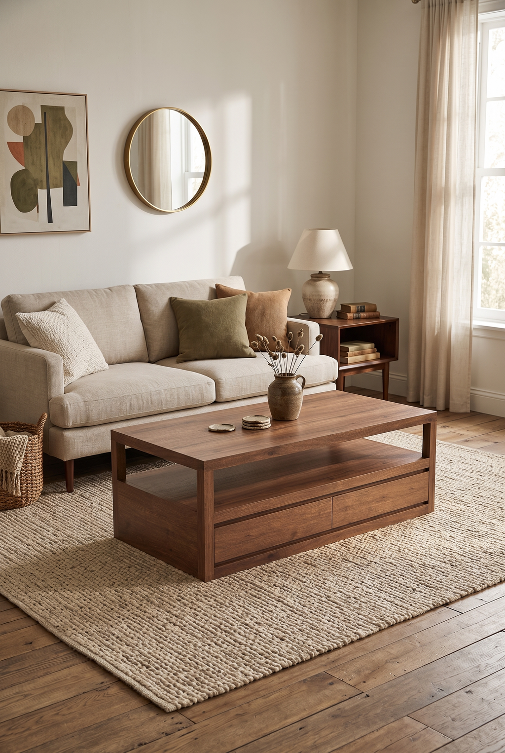 2-Drawer Open Frame Wooden Coffee Table, Rectangular Rustic Storage Center Table with Side Pull-Out Drawers & Wide Open Lower Shelf, Minimal Farmhouse Cocktail Table for Living Room
