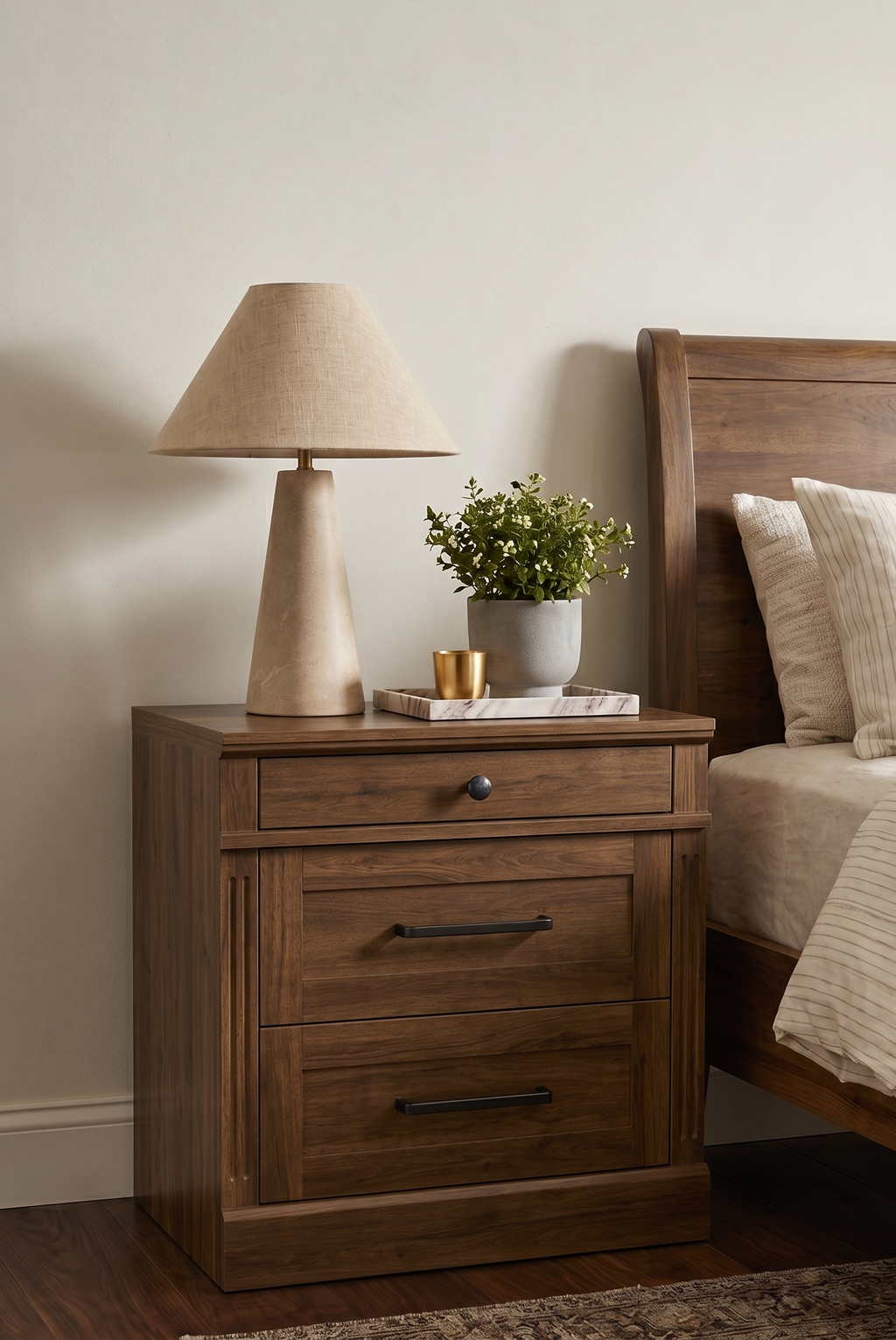 3-Drawer Wooden Nightstand | Recessed Panel Bedside Cabinet with Square Knobs & Warm Wood Finish