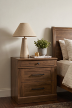 3-Drawer Wooden Nightstand | Recessed Panel Bedside Cabinet with Square Knobs & Warm Wood Finish
