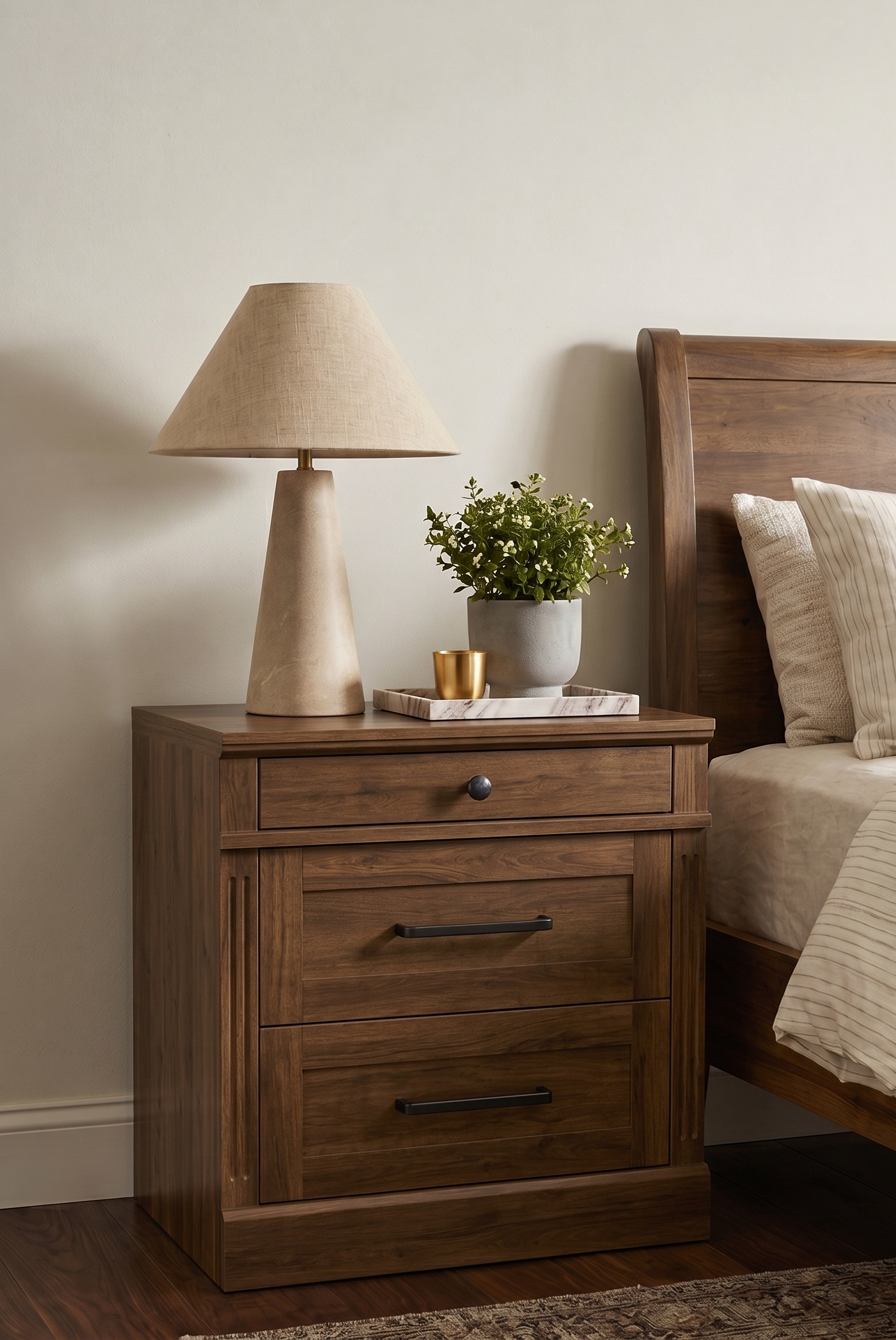 3-Drawer Wooden Nightstand | Recessed Panel Bedside Cabinet with Square Knobs & Warm Wood Finish