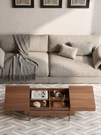 Sliding Lift-Top Wooden Storage Coffee Table, Rectangular Hidden Compartment Center Table with Divided Interior & Matte Metal Legs, Minimalist Living Room Storage Cocktail Table