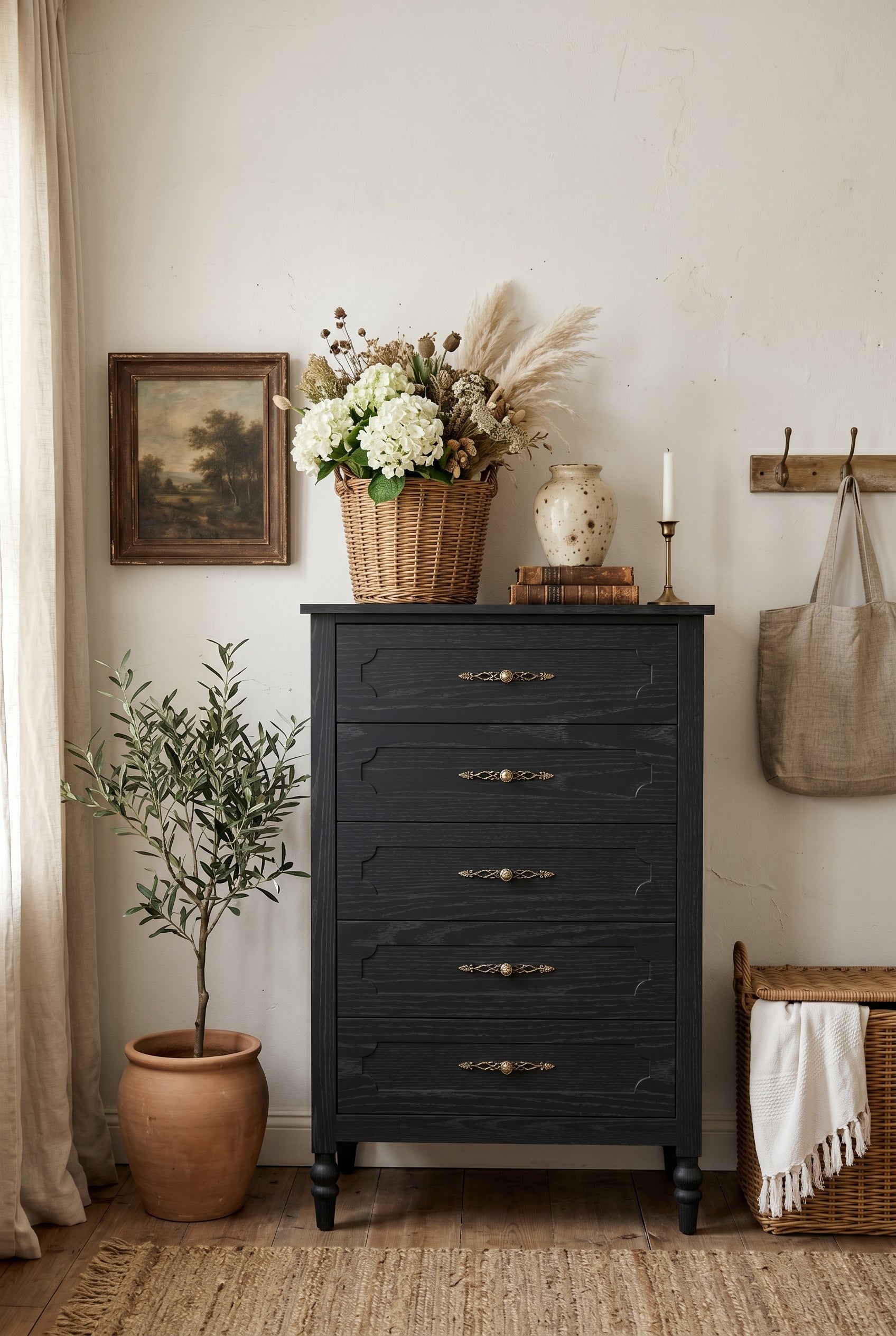 2-in-1 Convertible Wooden Dresser | Vintage 6-Drawer Wide Chest & 5-Drawer Tall Dresser with Turned Legs & Antique Metal Pulls