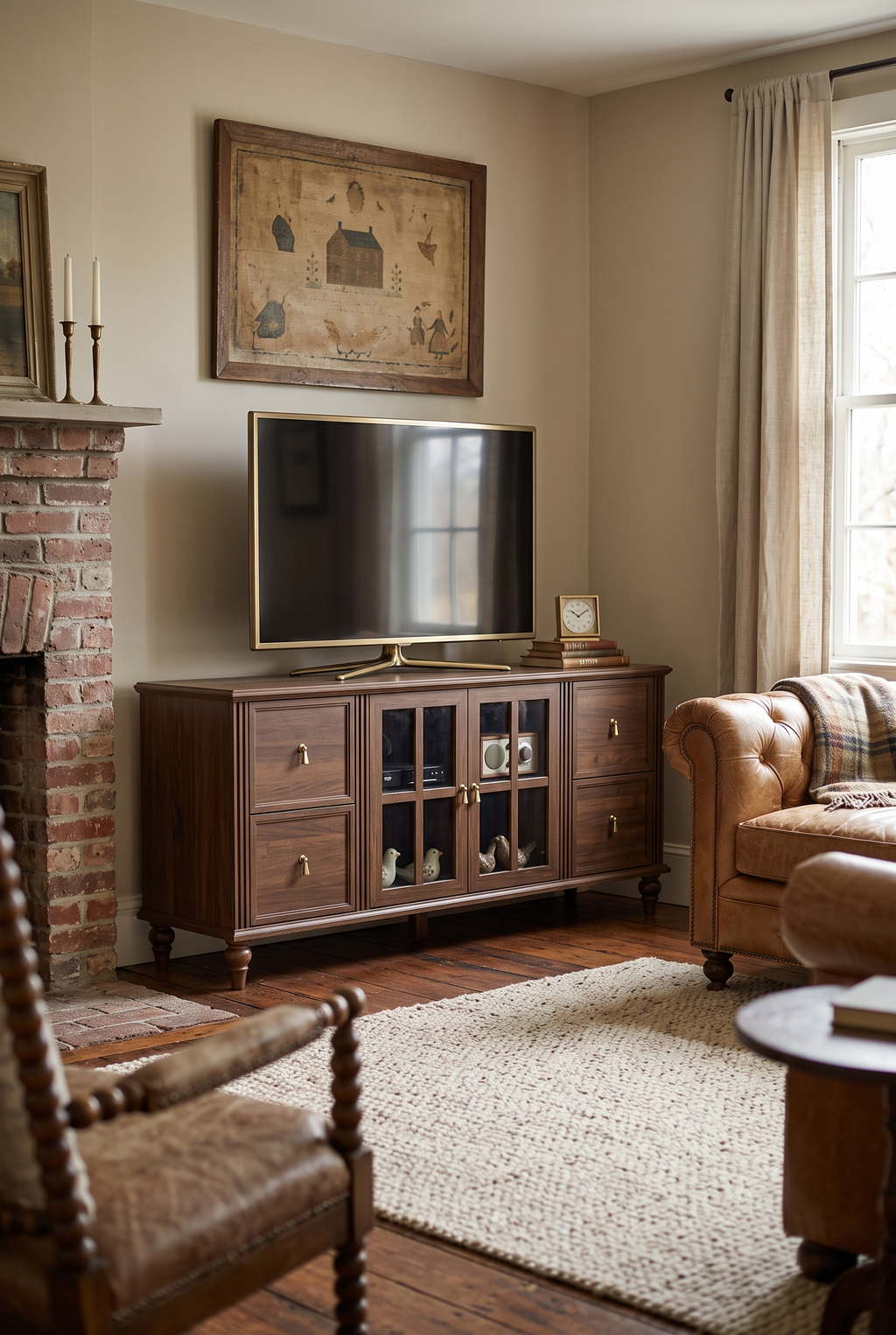 62 Inch Farmhouse Wood TV Stand Fits up to 65 Inch TV, Rustic Entertainment Center with 4 Storage Drawers, 2 Arched Glass Doors & Adjustable Shelves, Turned Round Leg Media Console Credenza for Living Room