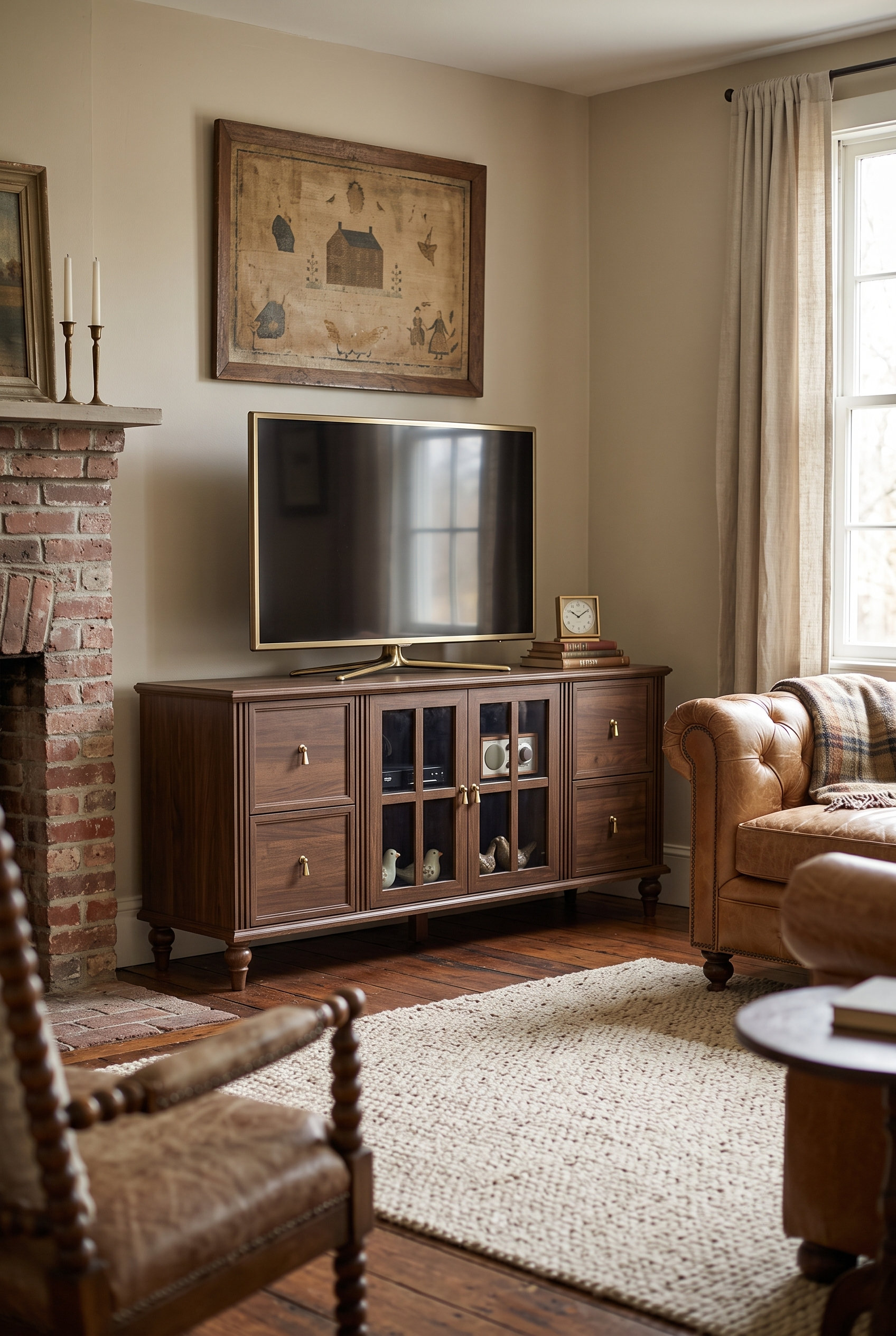 62 Inch Farmhouse Wood TV Stand Fits up to 65 Inch TV, Rustic Entertainment Center with 4 Storage Drawers, 2 Arched Glass Doors & Adjustable Shelves, Turned Round Leg Media Console Credenza for Living Room