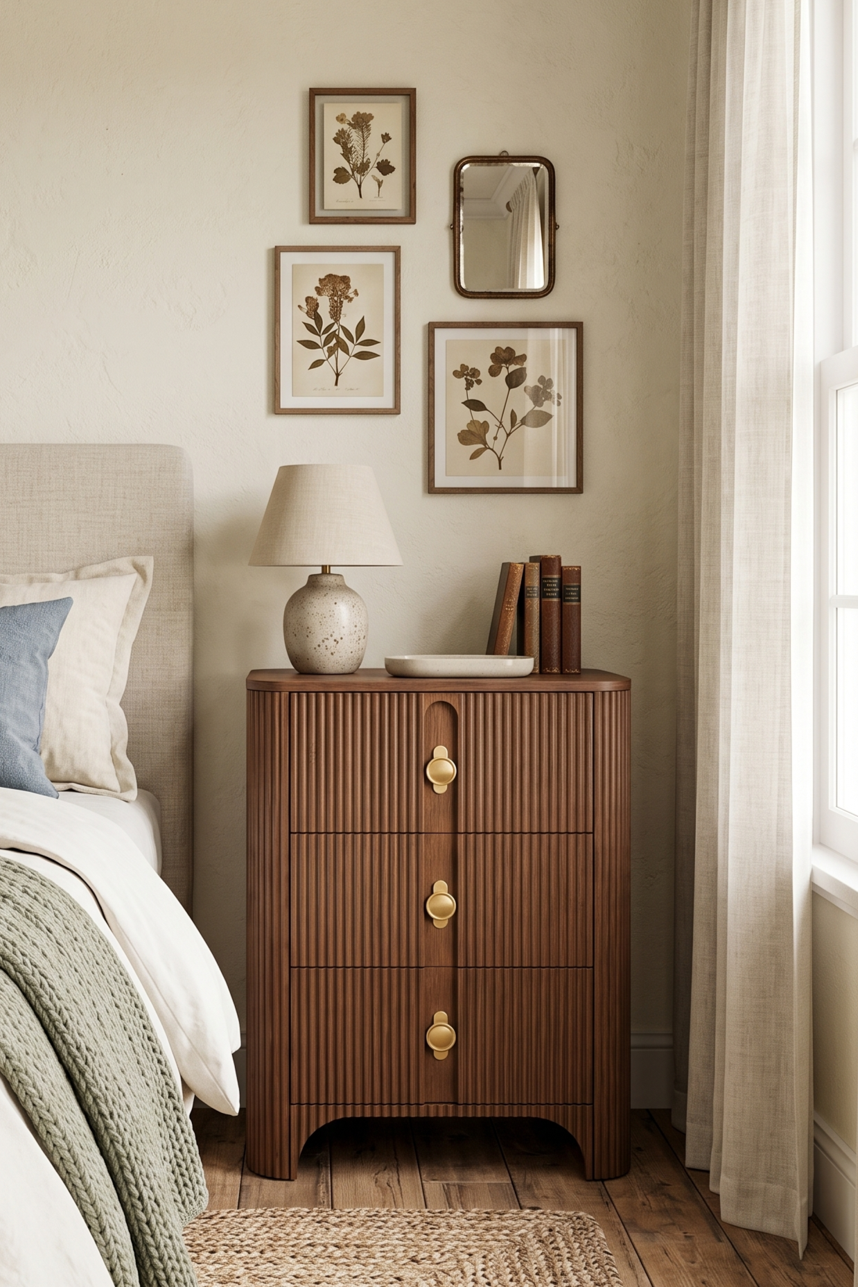 3-Drawer Vertical Fluted Wooden Nightstand, Curved Ripple Ribbed Bedside Chest with Long Brass Pull Handles, Wabi-Sabi Tall Narrow Storage Dresser for Bedroom