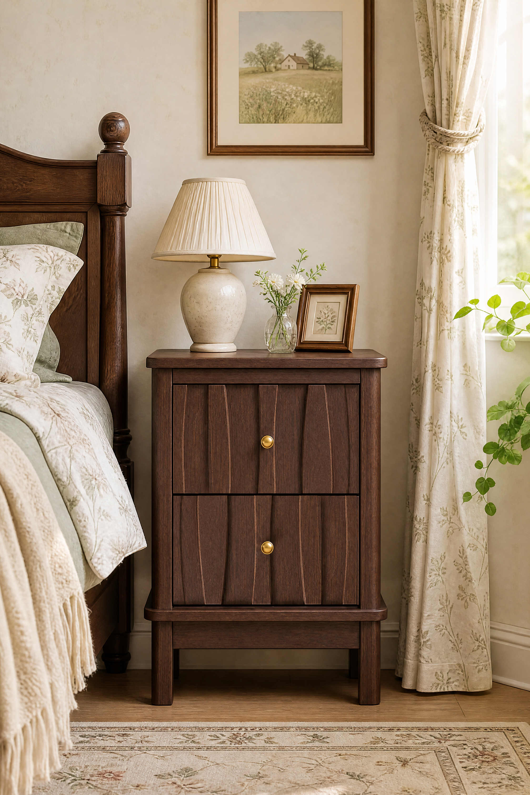 Textured 2-Drawer Bedside Nightstand | Modern Wooden Cabinet with Vertical Groove Detailing