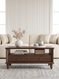 Farmhouse Rectangular Coffee Table with Turned Legs, Wooden Cocktail Table with 2 Storage Drawers & Open Compartment, Vintage Center Table for Living Room