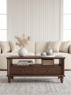 Farmhouse Rectangular Coffee Table with Turned Legs, Wooden Cocktail Table with 2 Storage Drawers & Open Compartment, Vintage Center Table for Living Room
