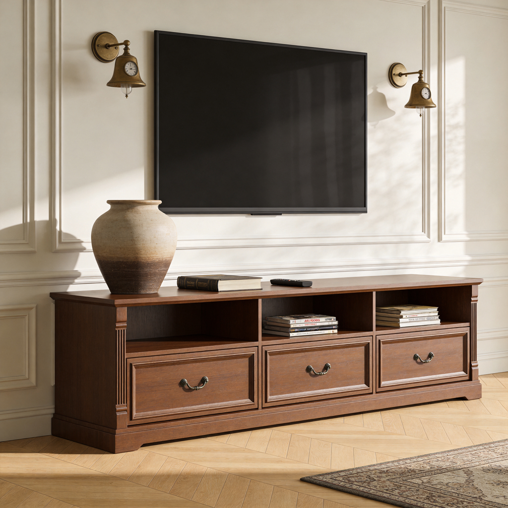 3-Drawer Farmhouse Wooden TV Stand, Long Rectangular Media Console with Open Cubby Storage & Vertical Fluted Trim, Vintage Entertainment Center for Living Room