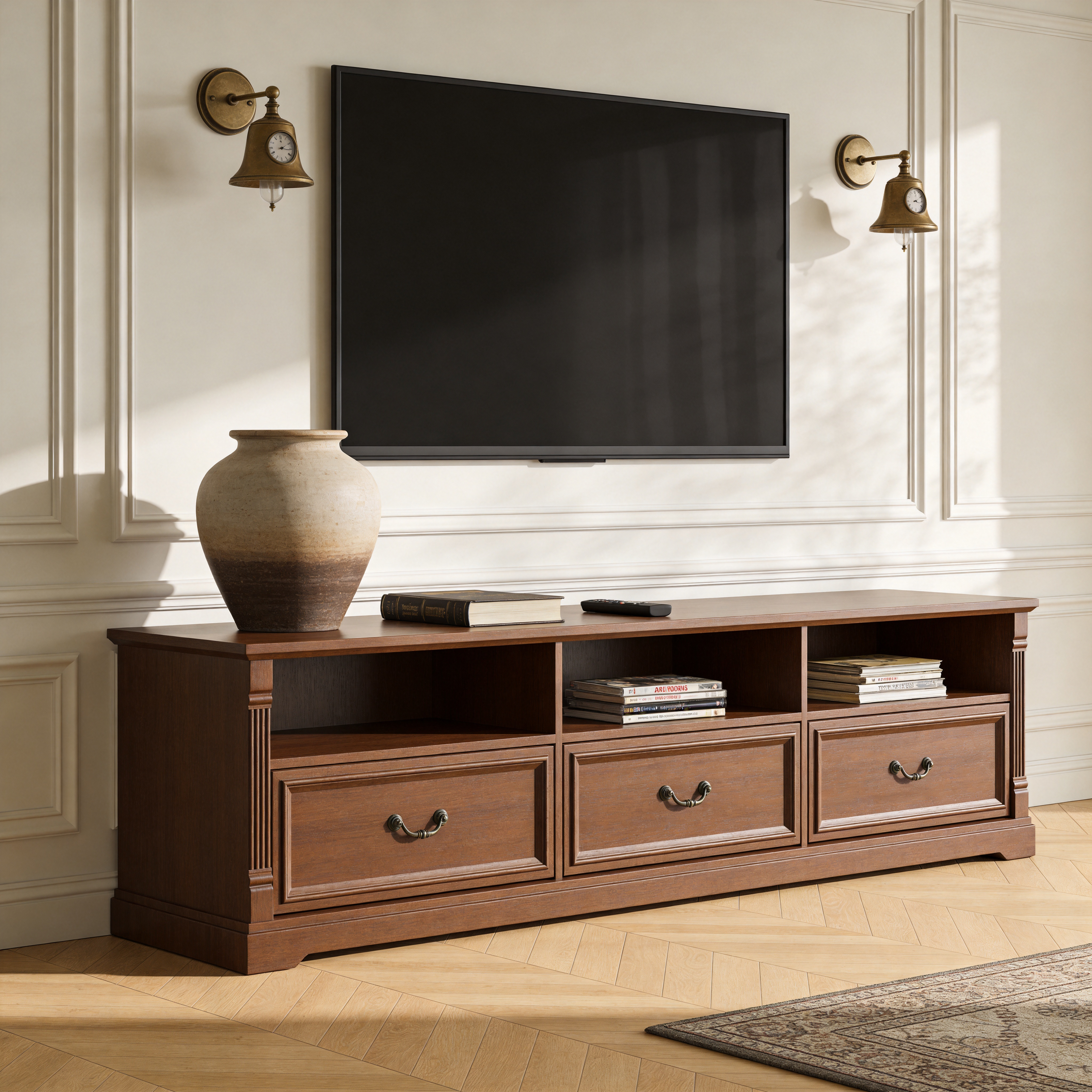 3-Drawer Farmhouse Wooden TV Stand, Long Rectangular Media Console with Open Cubby Storage & Vertical Fluted Trim, Vintage Entertainment Center for Living Room