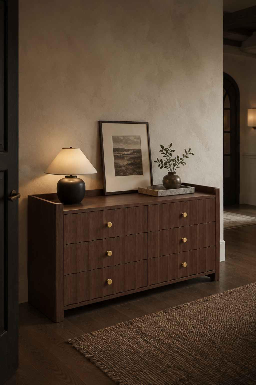 Wooden Wide Dresser with 6 Drawers, Wave Textured Chest of Drawers with Metal Knobs, Modern Rustic Storage Cabinet for Bedroom, Large Capacity Clothing Organizer
