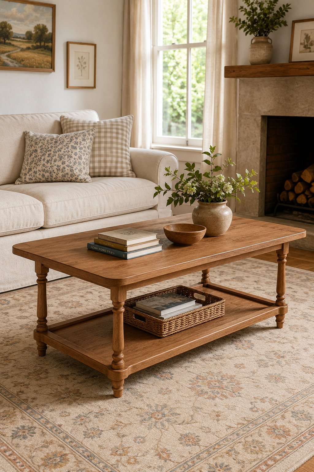 2-Tier Turned Spindle Leg Wooden Coffee Table, Rectangular Farmhouse Cocktail Table with Full Open Lower Storage Shelf, Vintage Traditional Living Room Center Table