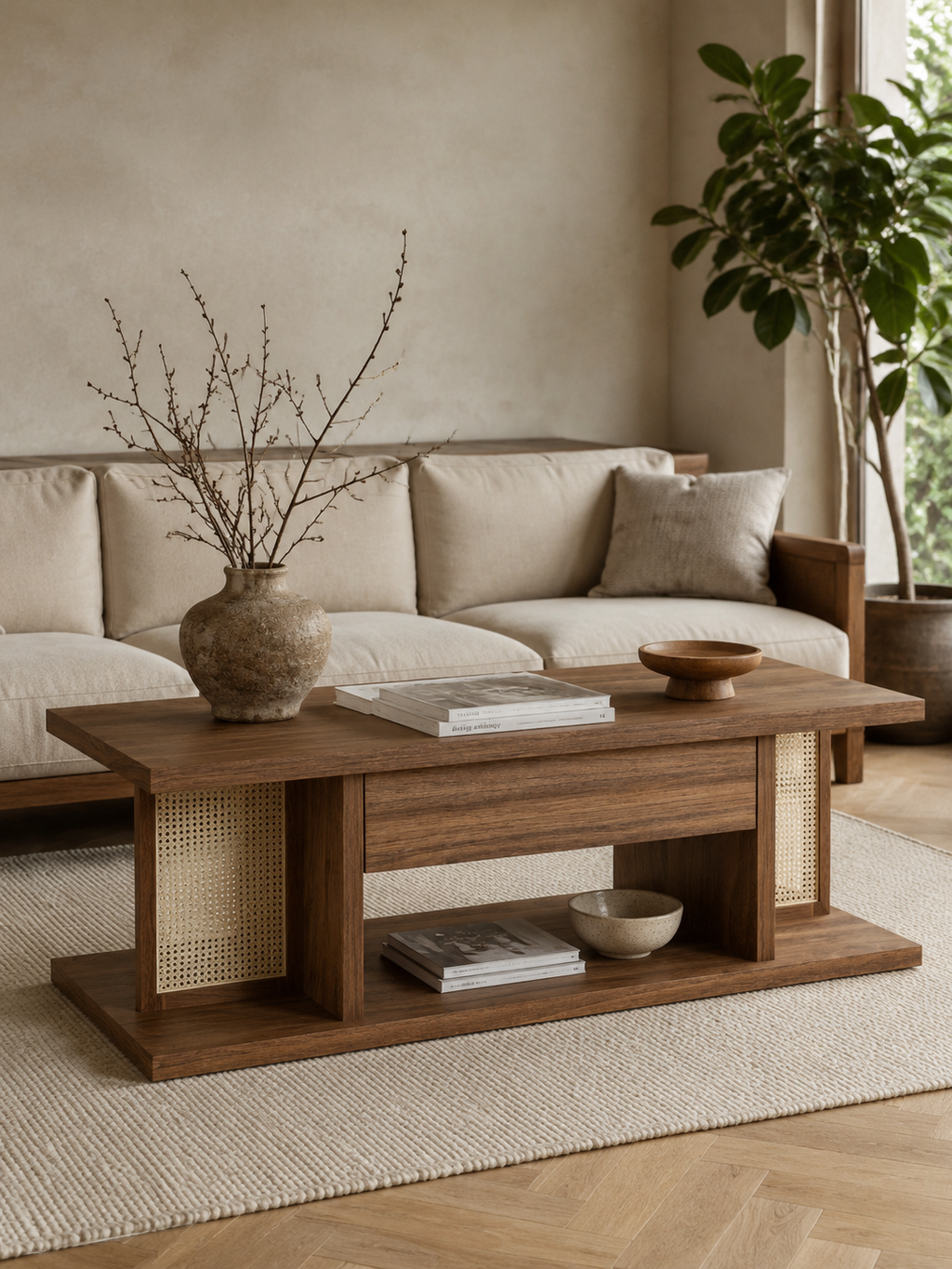 Rectangular Rattan Inset Wooden Coffee Table, 2-Tier Japandi Cocktail Table with Central Storage Drawer, Woven Panel Low Profile Center Table for Living Room, Multiple Wood Finish Options