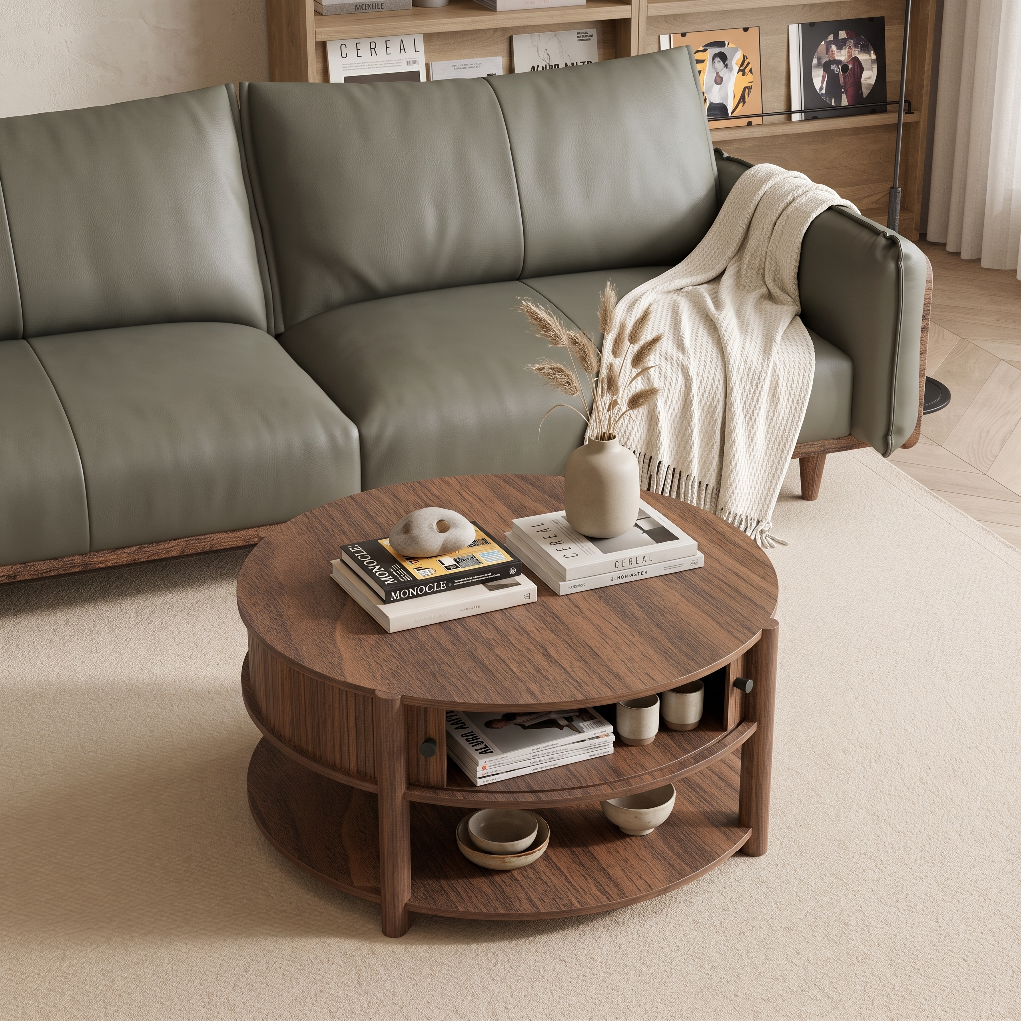 Round Fluted Wooden Coffee Table, 2-Tier Ribbed Cocktail Table with Sliding Storage Cabinet & Open Lower Shelf, Japandi Circular Center Table for Living Room, Multiple Wood Tone Options