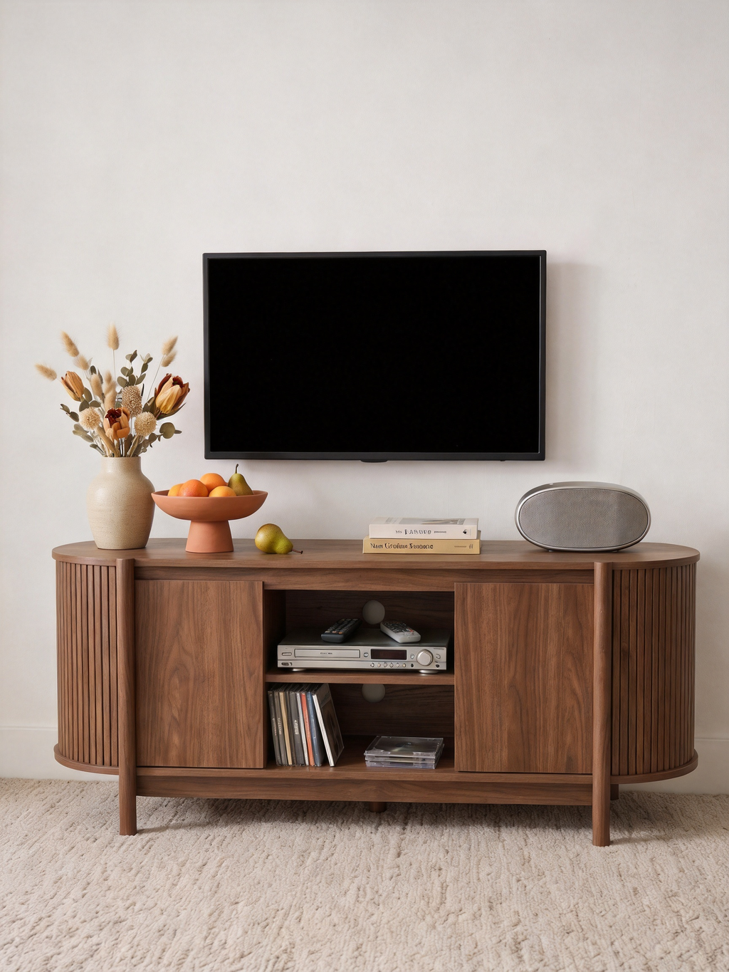 Fluted Curved TV Stand Media Console, Rounded Edge Wooden Entertainment Center with Slatted Side Panels, 2 Hidden Cabinet Doors & Open Middle Storage Compartment, Mid Century Modern TV Cabinet for Living Room