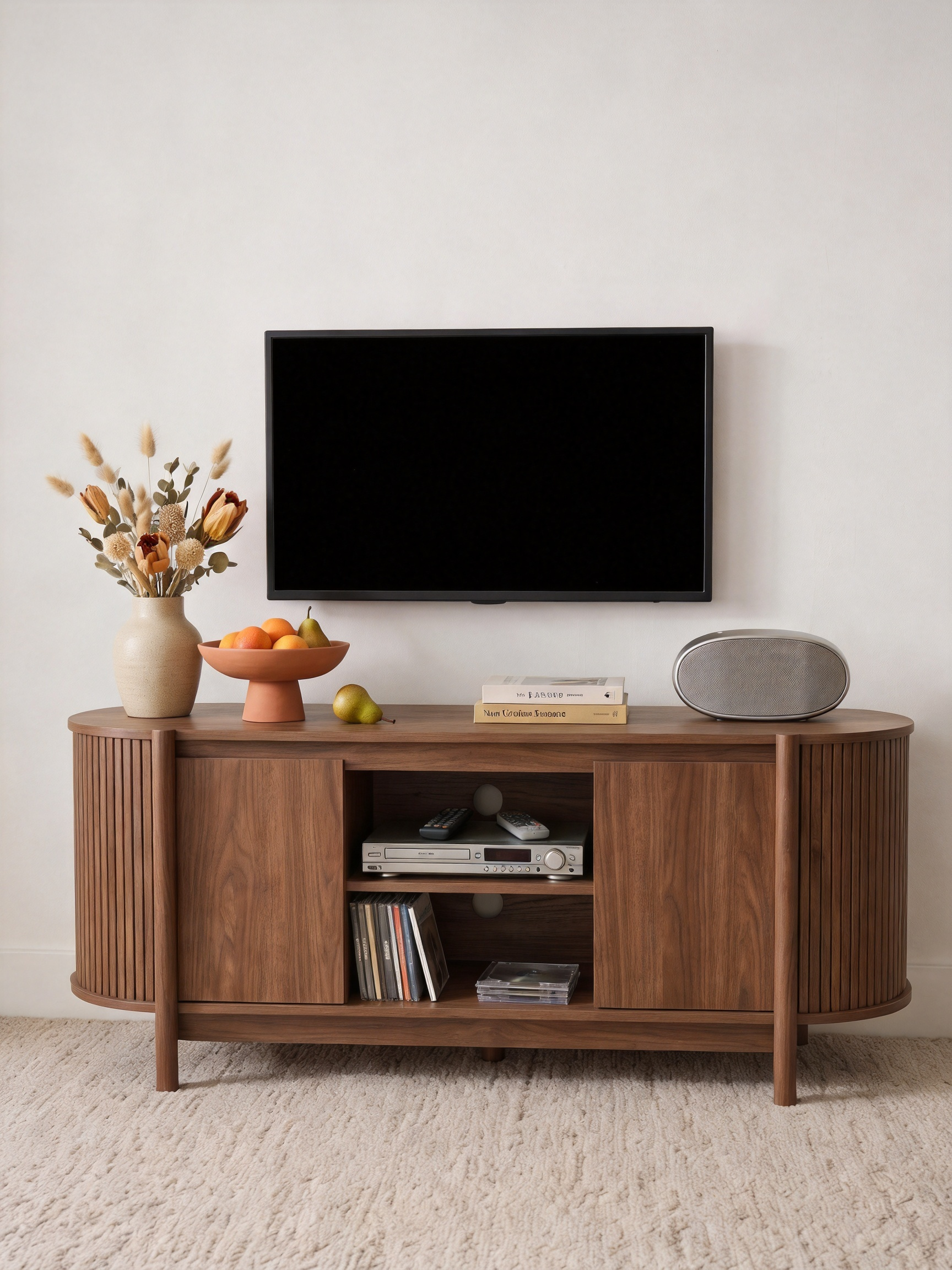 Fluted Curved TV Stand Media Console, Rounded Edge Wooden Entertainment Center with Slatted Side Panels, 2 Hidden Cabinet Doors & Open Middle Storage Compartment, Mid Century Modern TV Cabinet for Living Room