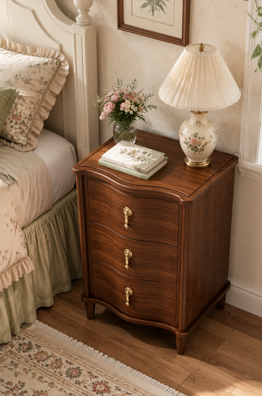 3-Drawer Curved Front Wooden Nightstand | Vintage Cottage Bedside Cabinet with Ornate Brass Pulls & Curved Bun Legs