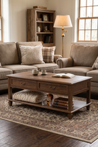 47.5" Wide Rustic Wood Coffee Table with Drawers, Vintage Rectangular Center Table with 2 Drawers & Open Lower Shelf, Solid Wood Look Cocktail Tea Table for Living Room, Apartment & Office