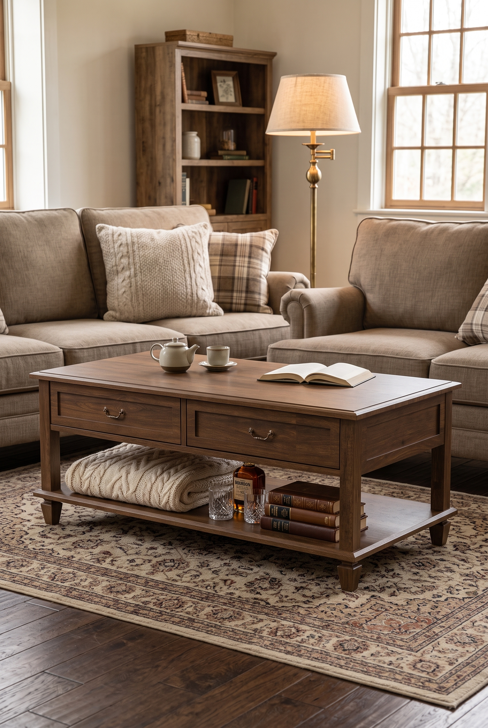 47.5" Wide Rustic Wood Coffee Table with Drawers, Vintage Rectangular Center Table with 2 Drawers & Open Lower Shelf, Solid Wood Look Cocktail Tea Table for Living Room, Apartment & Office