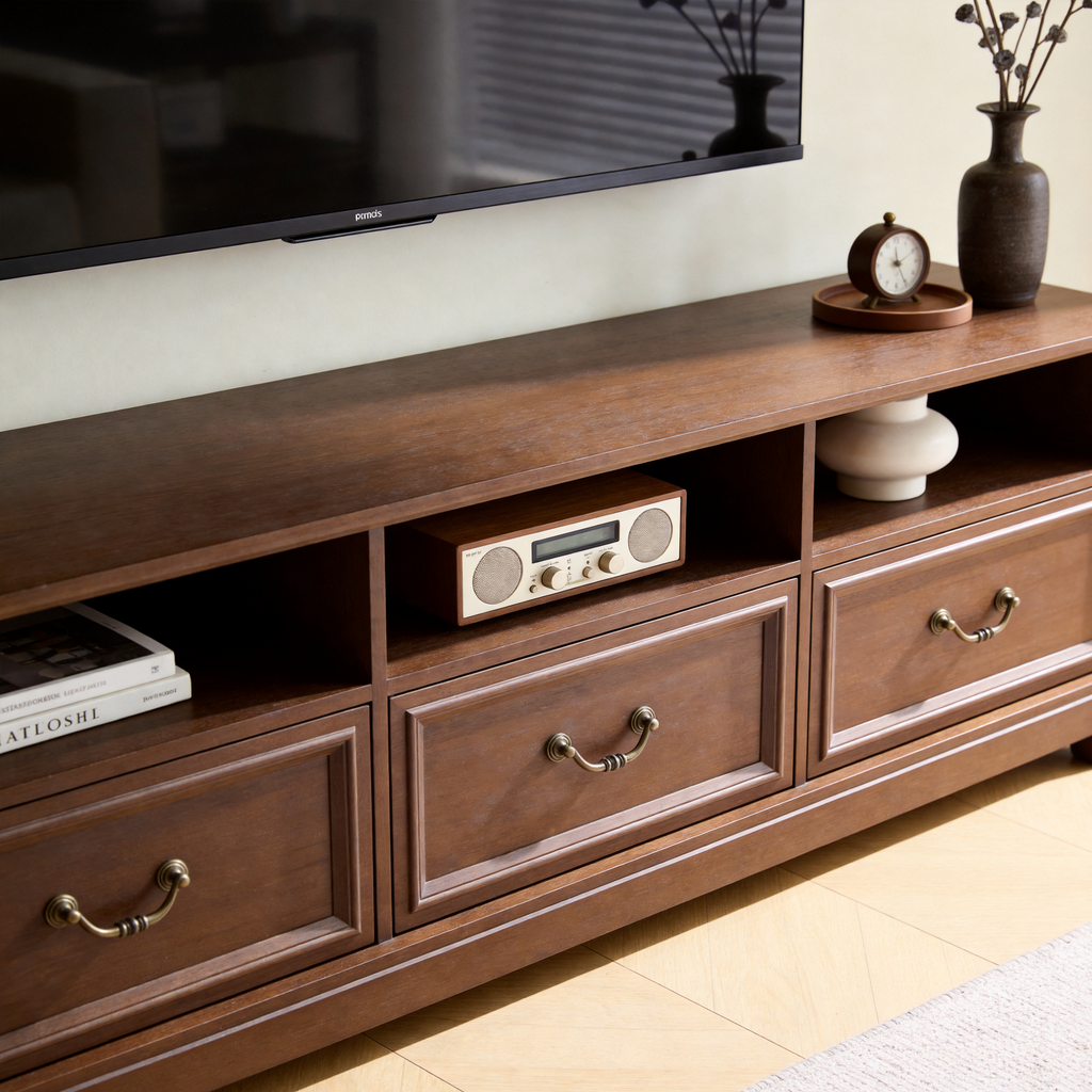 3-Drawer Farmhouse Wooden TV Stand, Long Rectangular Media Console with Open Cubby Storage & Vertical Fluted Trim, Vintage Entertainment Center for Living Room