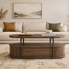 Oval Fluted Wood & Metal Coffee Table with Large Sliding Storage Drawer, 2-Tier Ribbed Cocktail Table, Curved Edge Wooden Center Table for Modern & Japandi Living Room