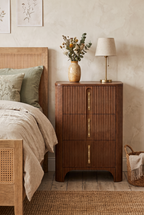 3-Drawer Vertical Fluted Wooden Nightstand, Curved Ripple Ribbed Bedside Chest with Long Brass Pull Handles, Wabi-Sabi Tall Narrow Storage Dresser for Bedroom