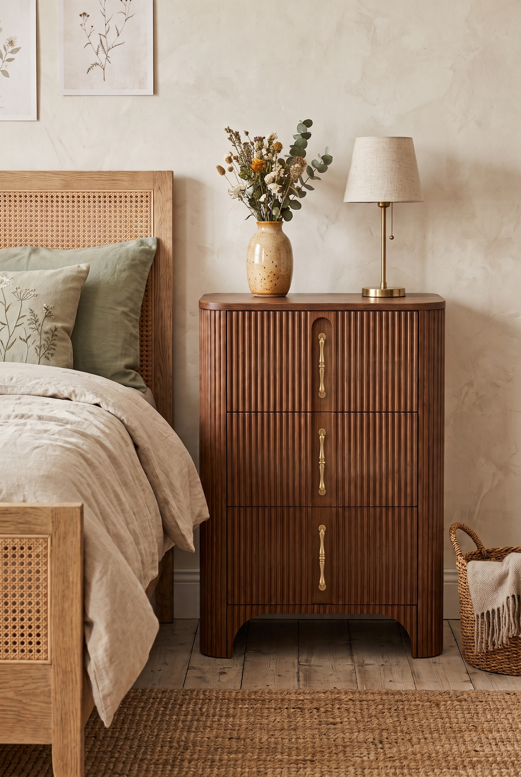 3-Drawer Vertical Fluted Wooden Nightstand, Curved Ripple Ribbed Bedside Chest with Long Brass Pull Handles, Wabi-Sabi Tall Narrow Storage Dresser for Bedroom