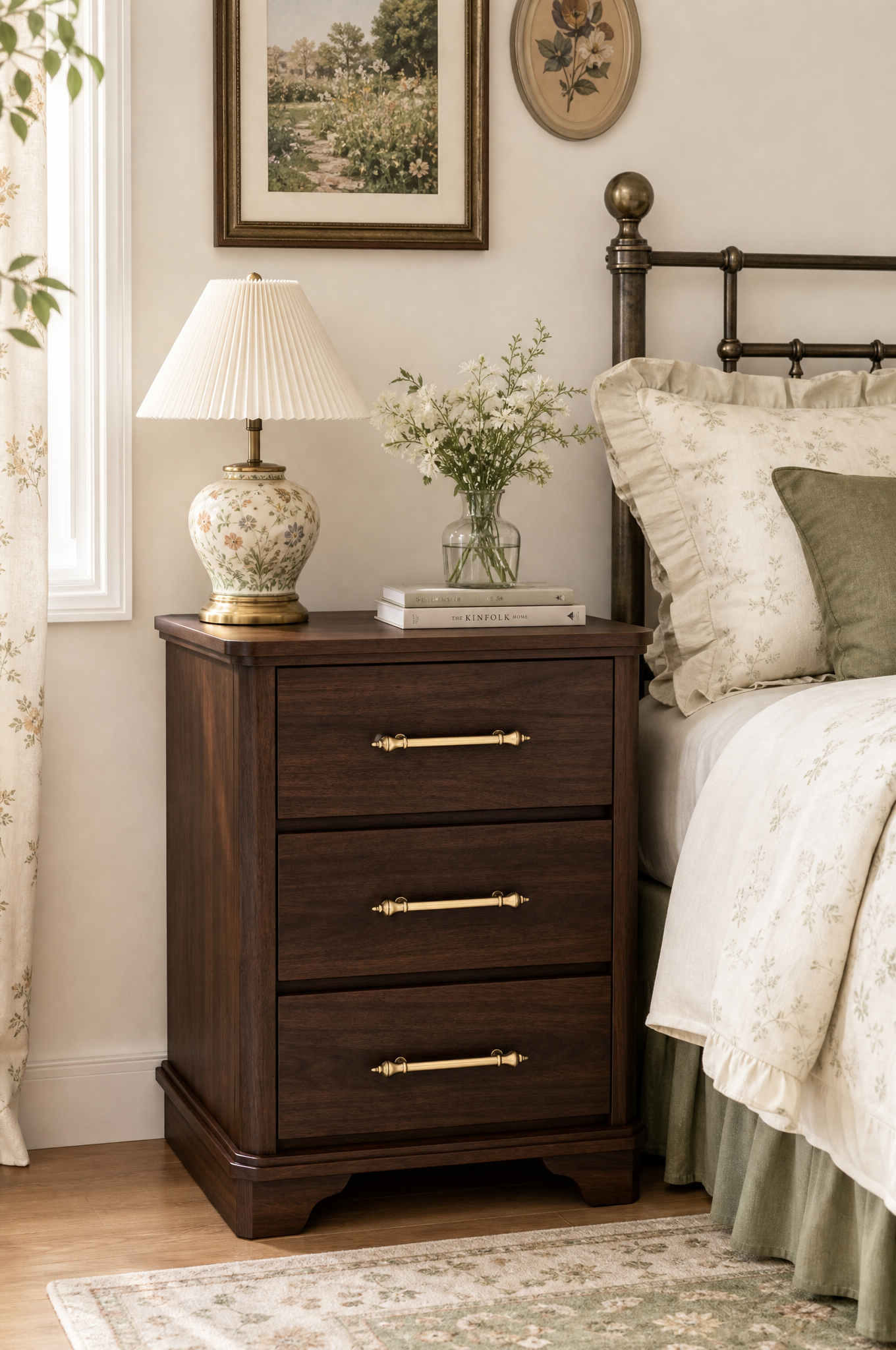 3-Drawer Classic Wooden Nightstand | Recessed Panel Bedside Cabinet with Long Brass Bar Pulls & Curved Kickboard Base