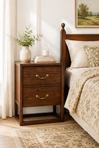 2-Drawer Rustic Wooden Nightstand with Open Bottom Shelf, Rectangular Floating Frame Bedside Cabinet, Vintage Storage End Table with Long Bar Brass Pulls for Bedroom
