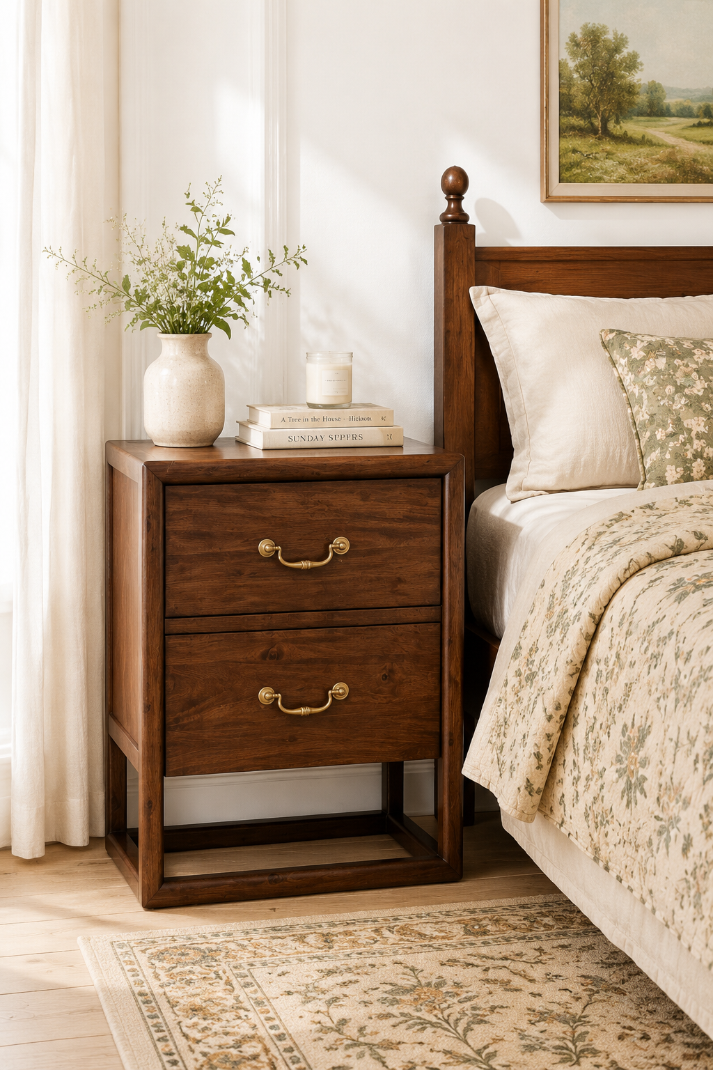 2-Drawer Rustic Wooden Nightstand with Open Bottom Shelf, Rectangular Floating Frame Bedside Cabinet, Vintage Storage End Table with Long Bar Brass Pulls for Bedroom