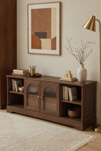 Arched Fluted Glass Door TV Stand with LED Light, 2 Drawer Wooden Media Console, Curved Recessed Frame Entertainment Center for Living Room