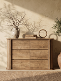 6-Drawer Fluted Sideboard Dresser, Curved Edge Wide Wooden Storage Chest with Vertical Ribbed Panels, Minimal Wabi-Sabi Bedroom Dresser & Living Room Buffet Cabinet