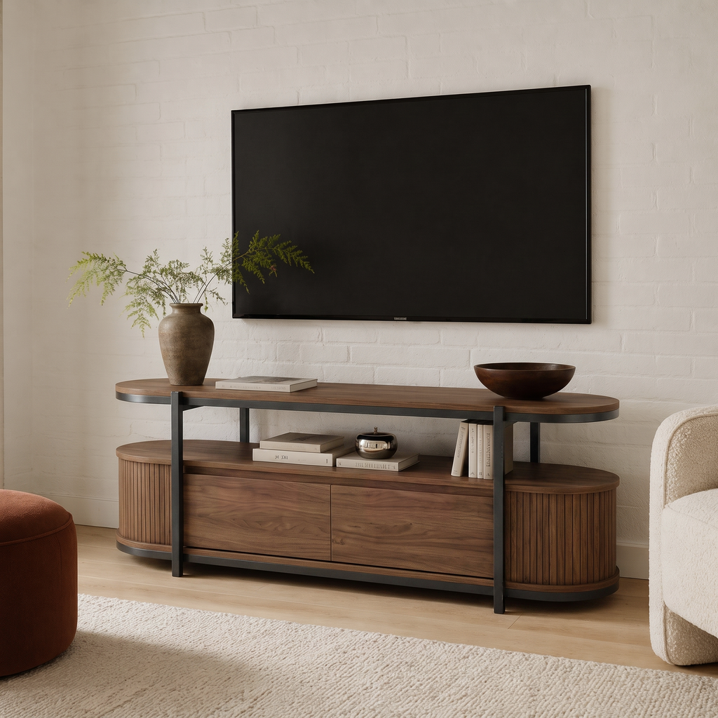 2-Tier Oval Fluted Wood & Metal TV Stand, Open Shelf Media Console with Vertical Ribbed Panels & Hidden Storage Drawers, Mid Century Modern Entertainment Center for Living Room
