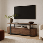 2-Tier Oval Fluted Wood & Metal TV Stand, Open Shelf Media Console with Vertical Ribbed Panels & Hidden Storage Drawers, Mid Century Modern Entertainment Center for Living Room