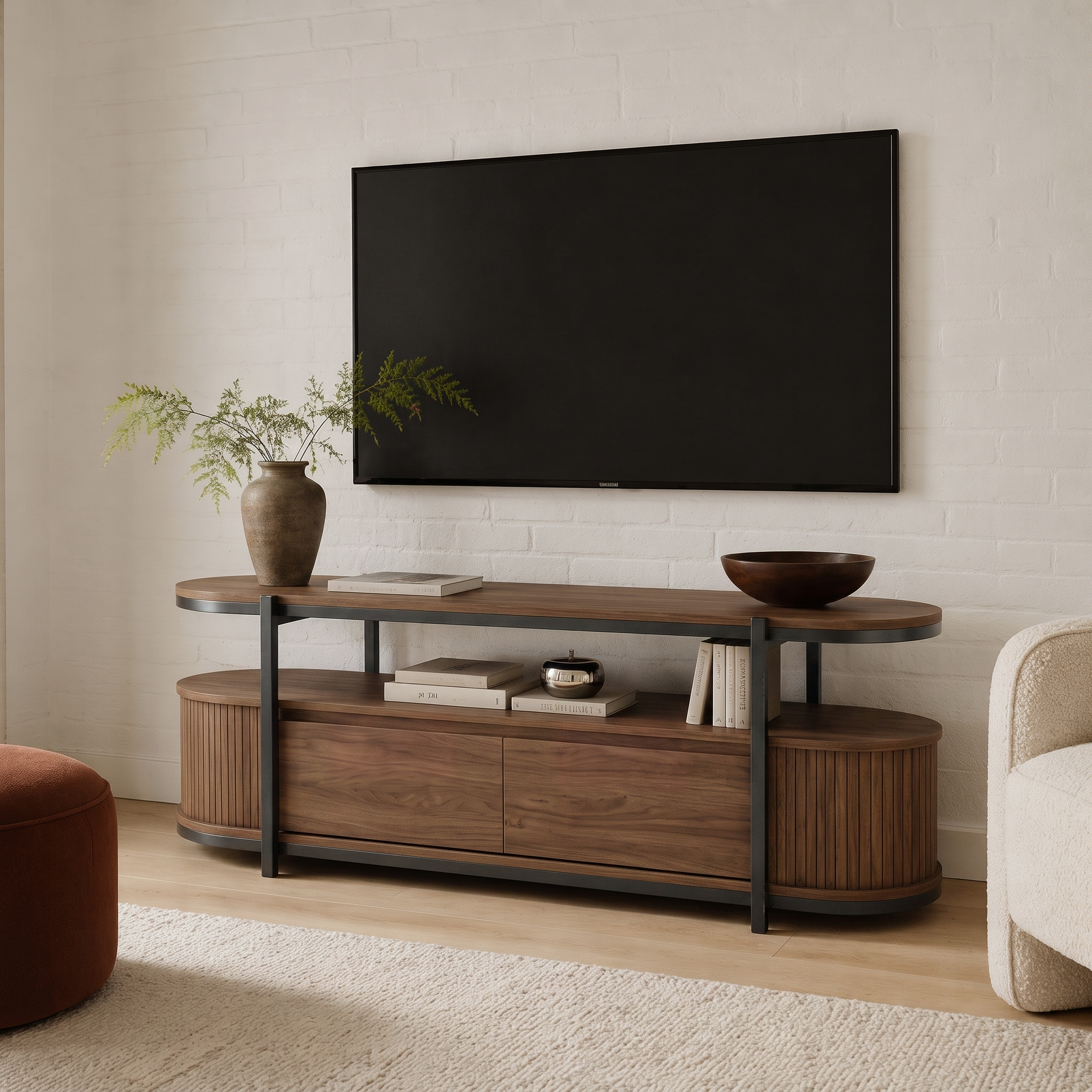2-Tier Oval Fluted Wood & Metal TV Stand, Open Shelf Media Console with Vertical Ribbed Panels & Hidden Storage Drawers, Mid Century Modern Entertainment Center for Living Room