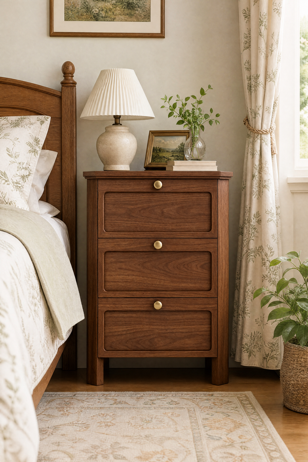 3-Drawer Modern Farmhouse Wooden Nightstand | Curved Recessed Panel Bedside Cabinet with Brass Knobs