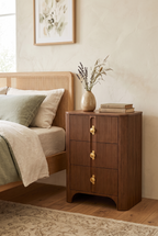 3-Drawer Vertical Fluted Wooden Nightstand, Curved Ripple Ribbed Bedside Chest with Long Brass Pull Handles, Wabi-Sabi Tall Narrow Storage Dresser for Bedroom