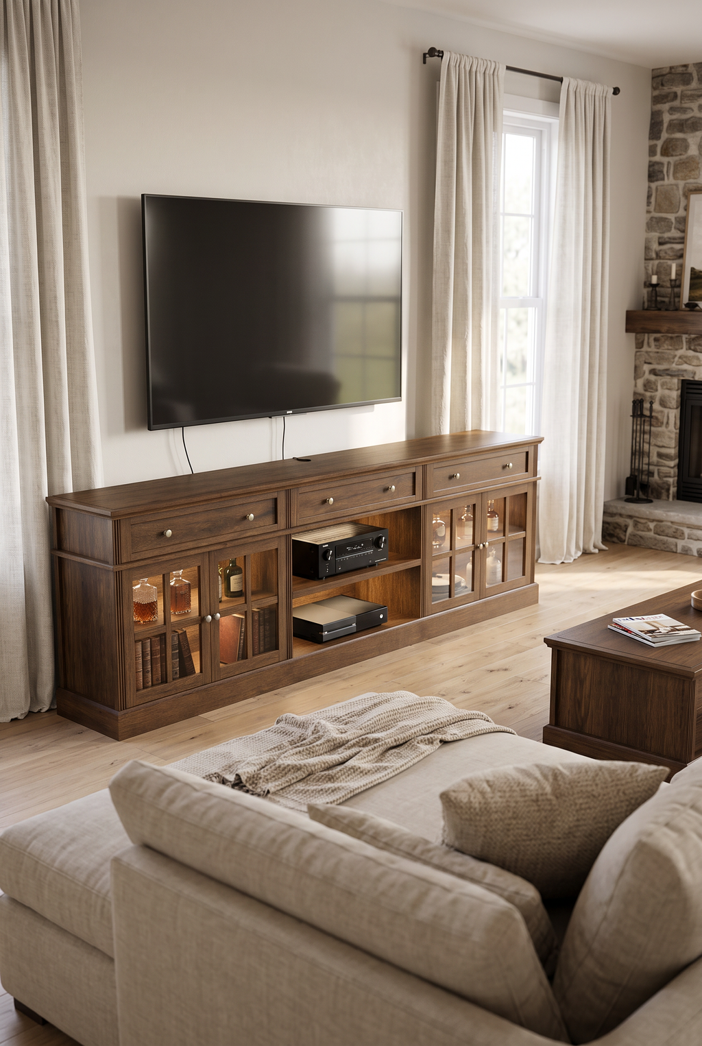 80" Farmhouse Wooden TV Stand for TVs up to 90", Media Entertainment Center with LED Lights, 3 Drawers, Glass Storage Cabinets & Adjustable Shelves, Multi-Purpose TV Console Credenza for Living Room