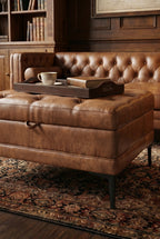 Square Faux Leather Storage Ottoman Coffee Table | Button-Tufted Ottoman with Metal Legs, Hidden Storage for Living Room